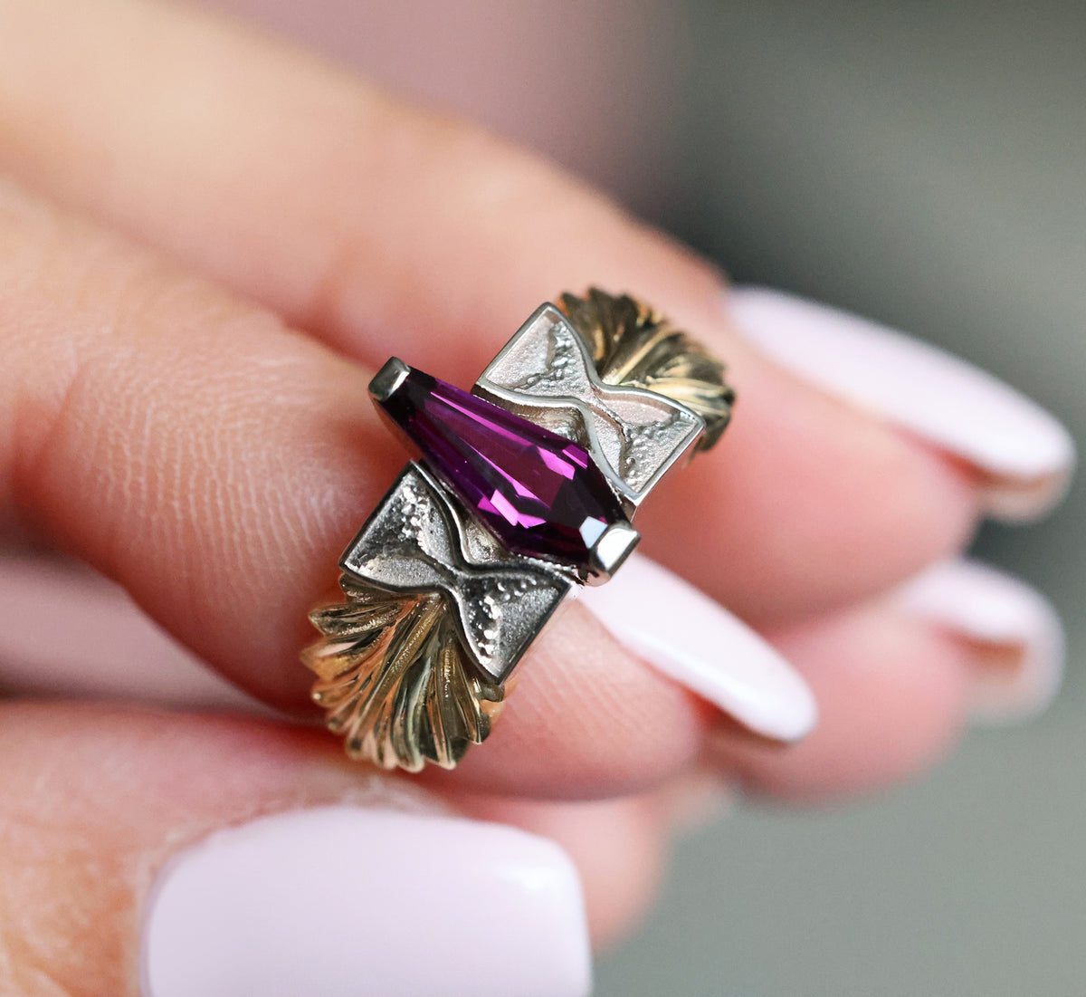 Plum Evermore sapphire statement ring with deep purple coffin sapphire