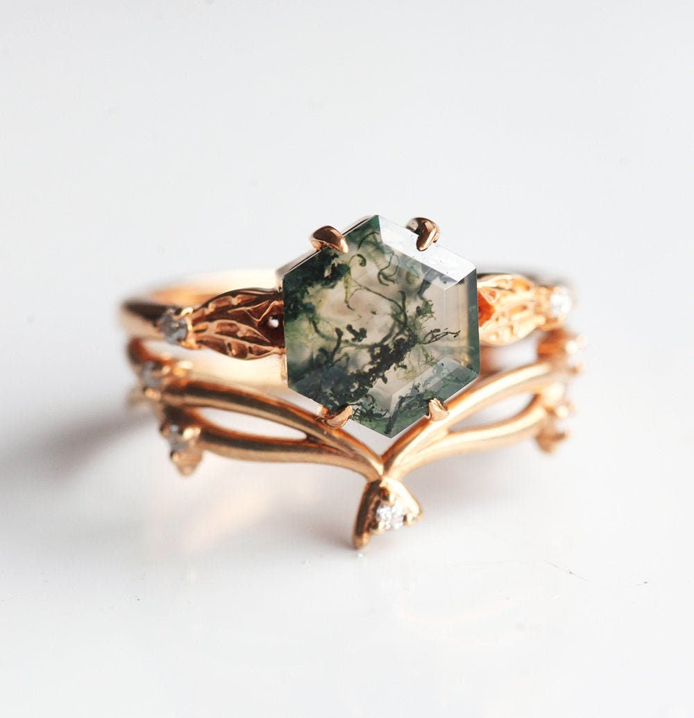 Alyssa 0.7 ct Moss Agate 2 Ring Set – Engagement Ring Set | Capucinne