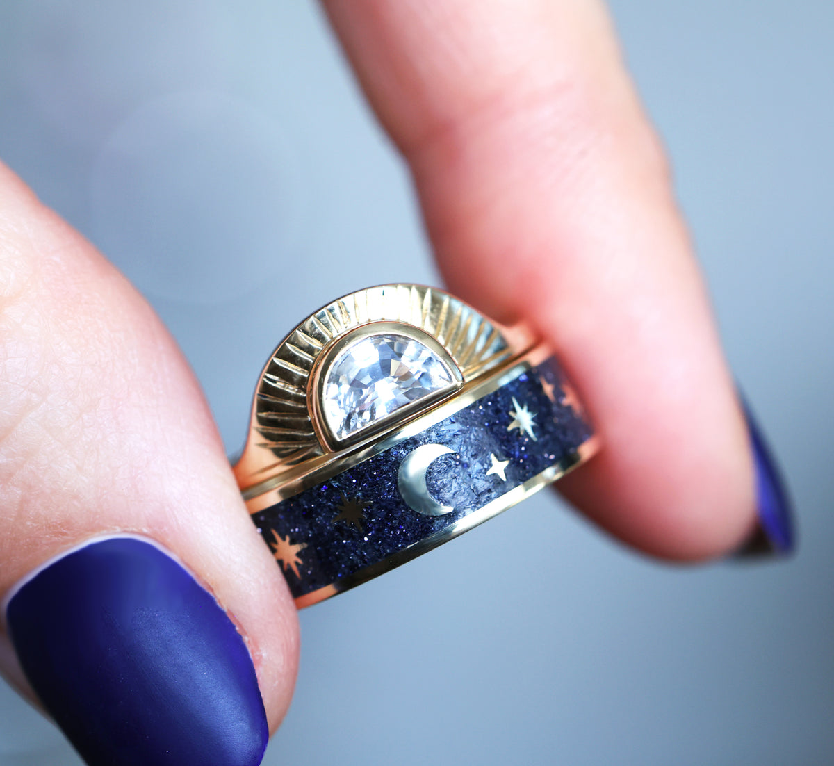 Asteria 0.4 ct Half Moon Lab Diamond Ring - Starry Night Wide Band