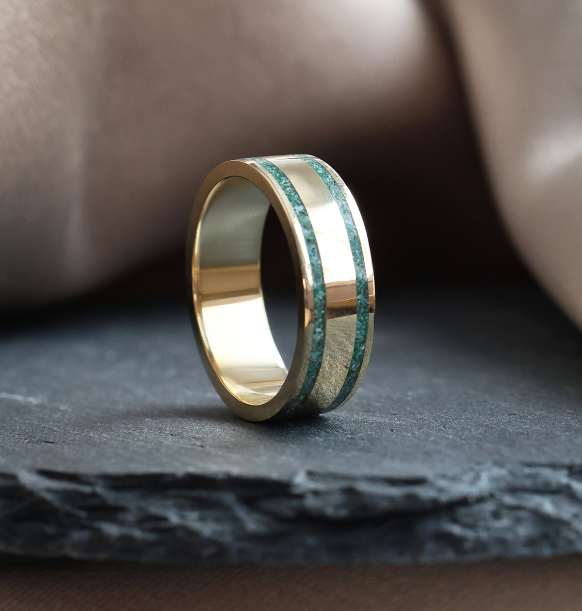 Logan 6 mm Double Emerald Inlay Wide Ring - Mens Band