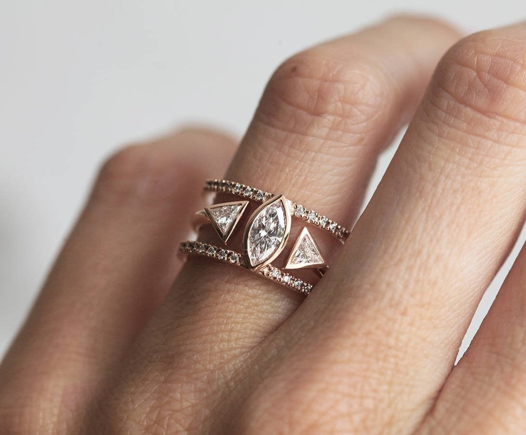 Olga Diamond Engagement Ring Set, Triangle Open Wedding Ring